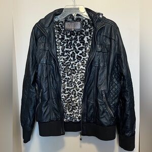 YMI Black Leather Jacket with Faux Fur Leopard Print Lining